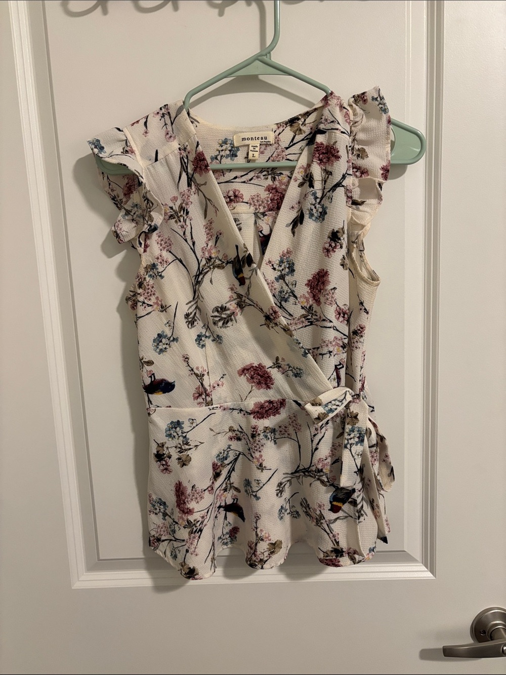 Monteau Cream Floral Wrap Top with Ruffle Sleeves